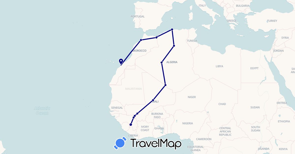 TravelMap itinerary: driving in Algeria, Guinea, Morocco, Mali (Africa)